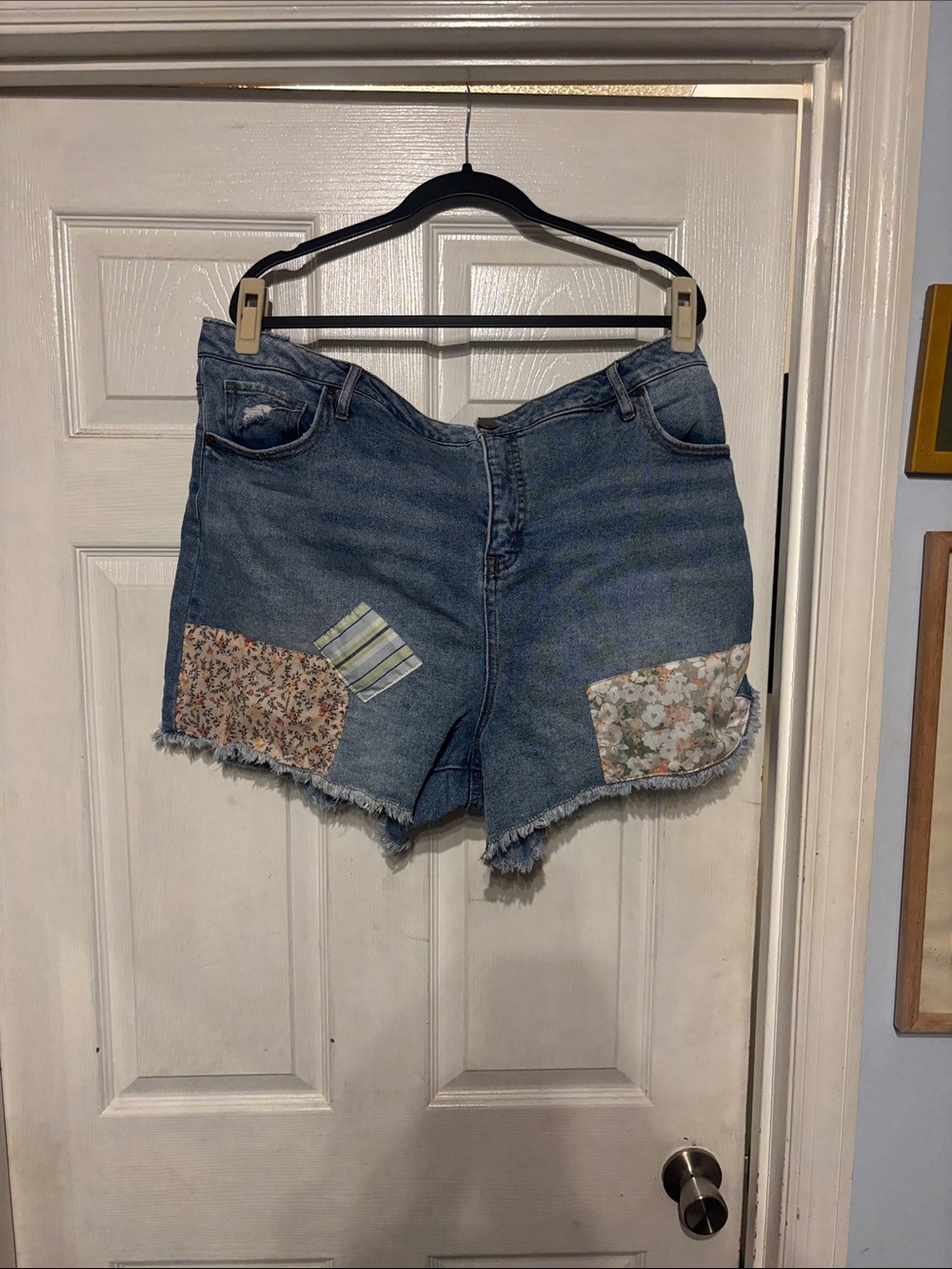 Wonderly Blue Denim Patchwork High-Rise Shorts